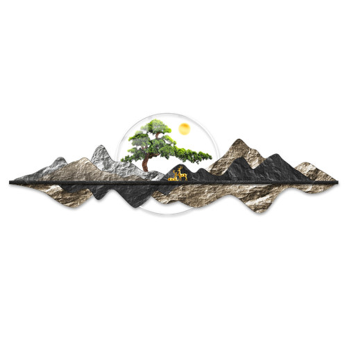 迎客松客厅装饰画背有靠山大气沙发背景墙挂画led灯发光山水壁画