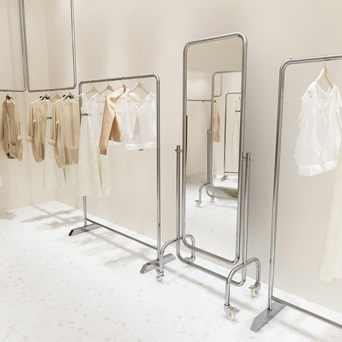 服装店试衣镜专用不锈钢全身落地镜带轮子可移动立式方形穿镜子
