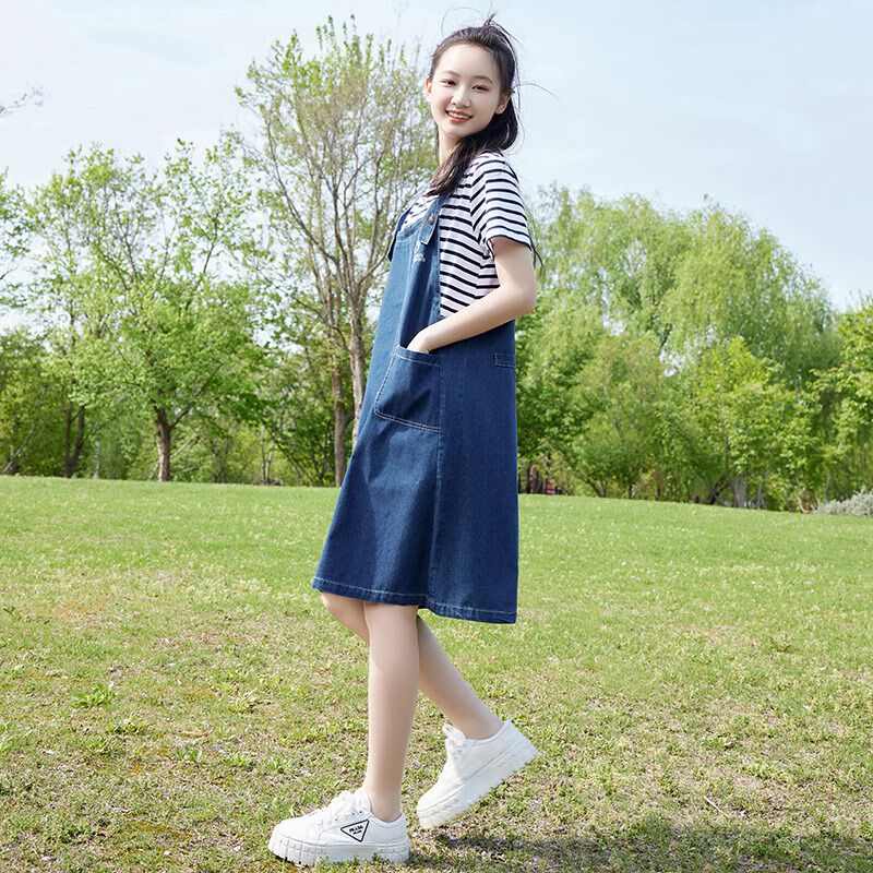 少女连衣裙中学生牛仔裙大童夏装新款初中生背带裙子高中生学院风