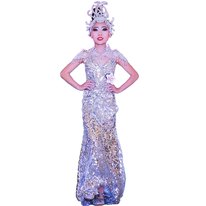 儿童走秀高贵礼服女童拖尾鱼尾晚礼服长裙小主持人模特演出服大童