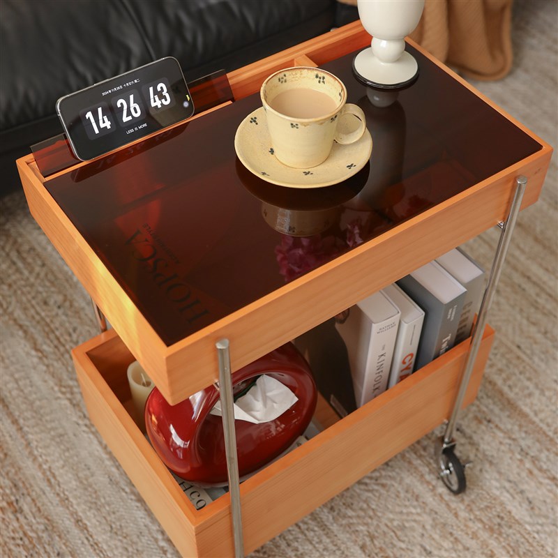 实木可移动边几推车中古奶油风客厅双层收纳零食带轮不锈钢置物架