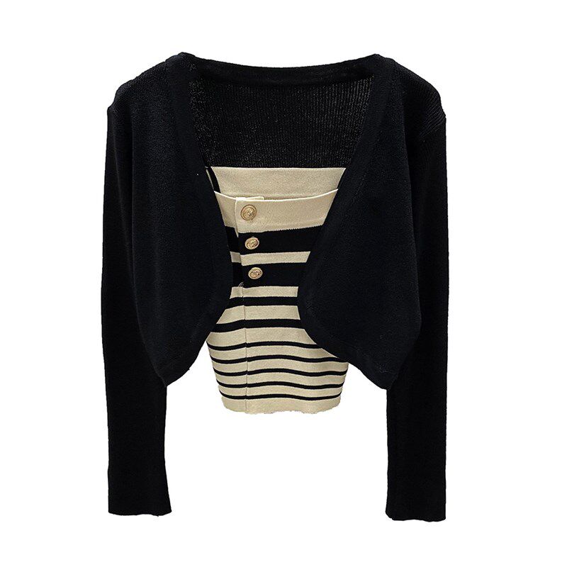 2023条纹吊带背心女夏内搭打底针织衫短款两件套披肩外搭防晒上衣