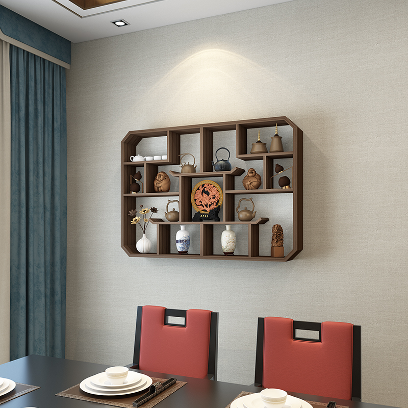 博古架实木中式壁挂墙上茶壶展示架置物架客厅创意多宝阁古董架