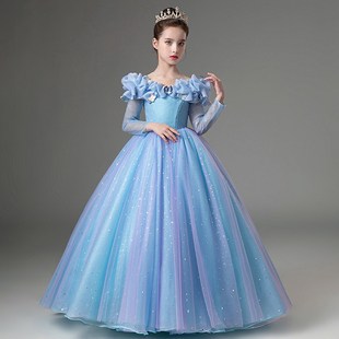 儿童礼服生日长袖灰姑娘公主裙秋冬小女孩主持人钢琴演出服装走秀