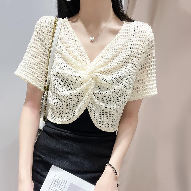 配吊带裙子防晒罩衫女夏季短袖t恤外搭蕾丝披肩短款镂空针织上衣