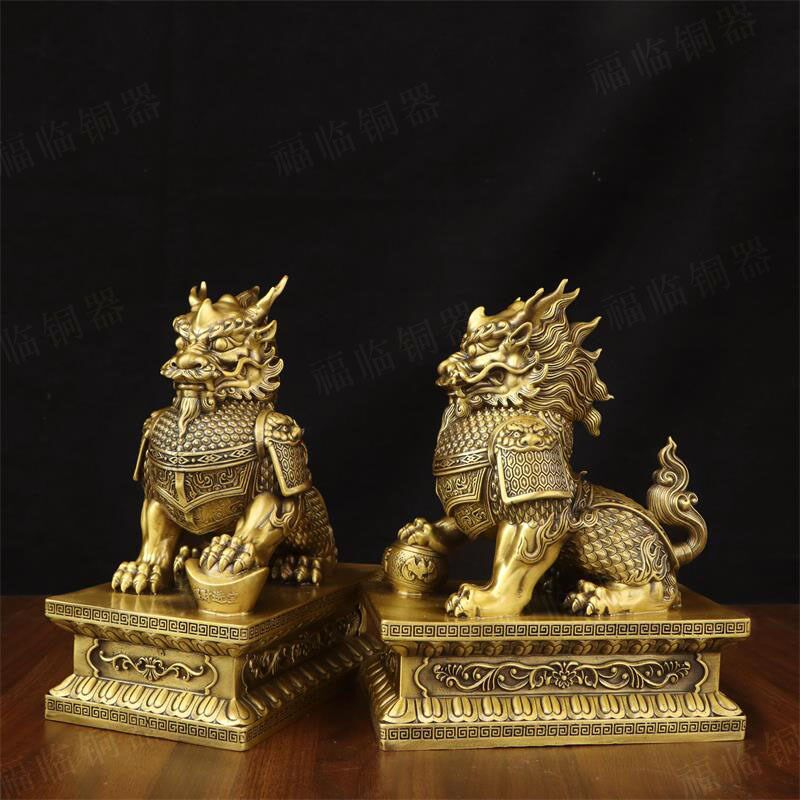 纯黄铜麒麟一对祥瑞摆件室内办公室招财元宝霸王铠甲麒麟神兽装饰
