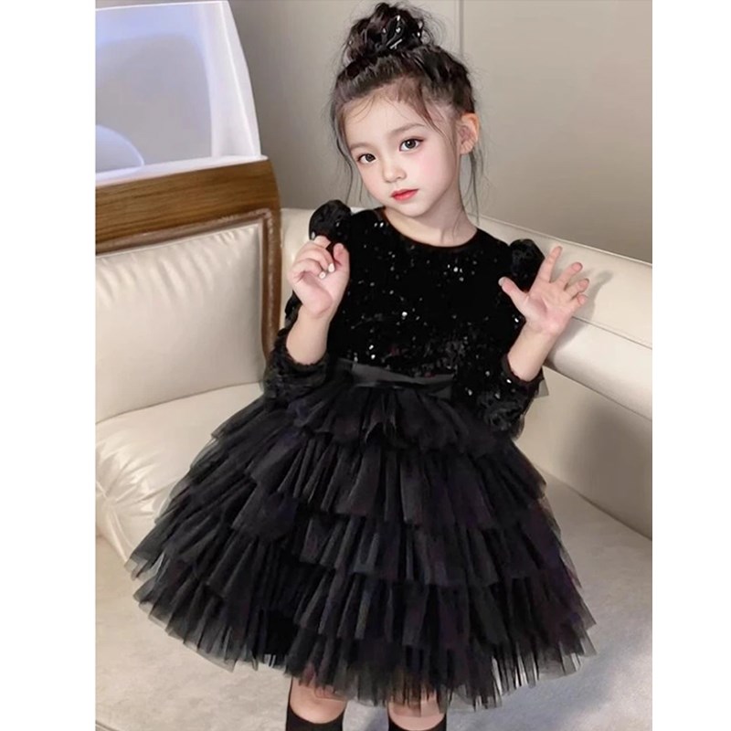 女童加绒连衣裙秋冬圣诞儿童公主裙过年礼服黑宝宝生日新年亮片裙