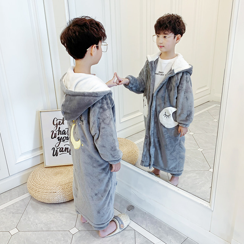儿童睡袍男孩秋冬季男童宝宝加厚款珊瑚绒中大童法兰绒睡衣家居服