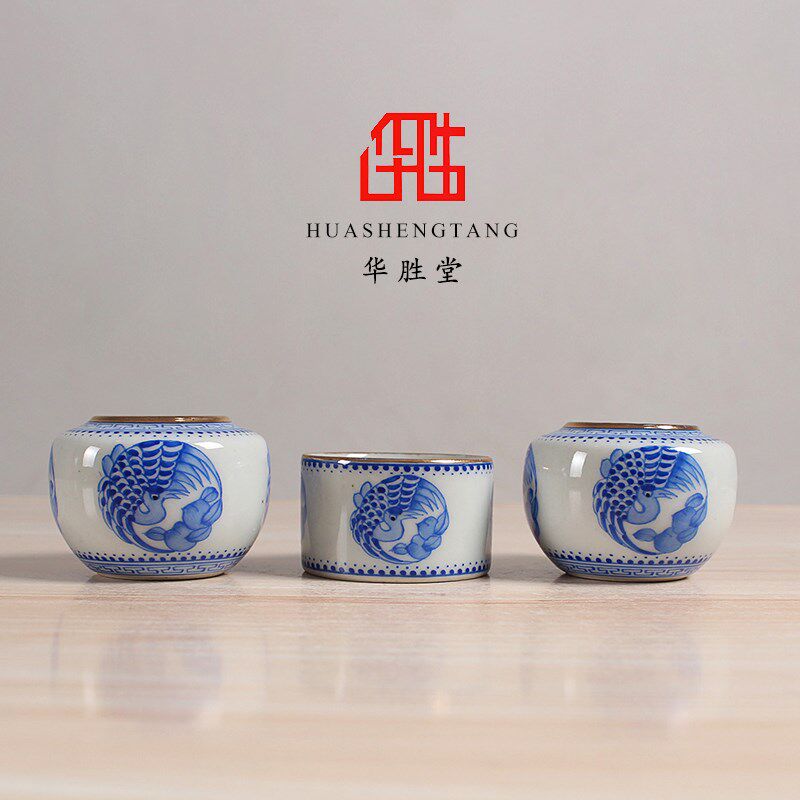 华胜堂 景德镇手绘 仿古描金团凤点颏百灵缸鸟食罐鸟杯 鸟笼配件