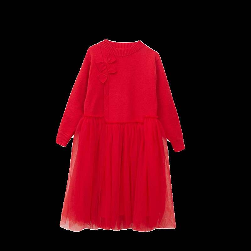 女童针织连衣裙23秋冬新款儿童网纱毛衣裙中大童洋气新年红公主裙