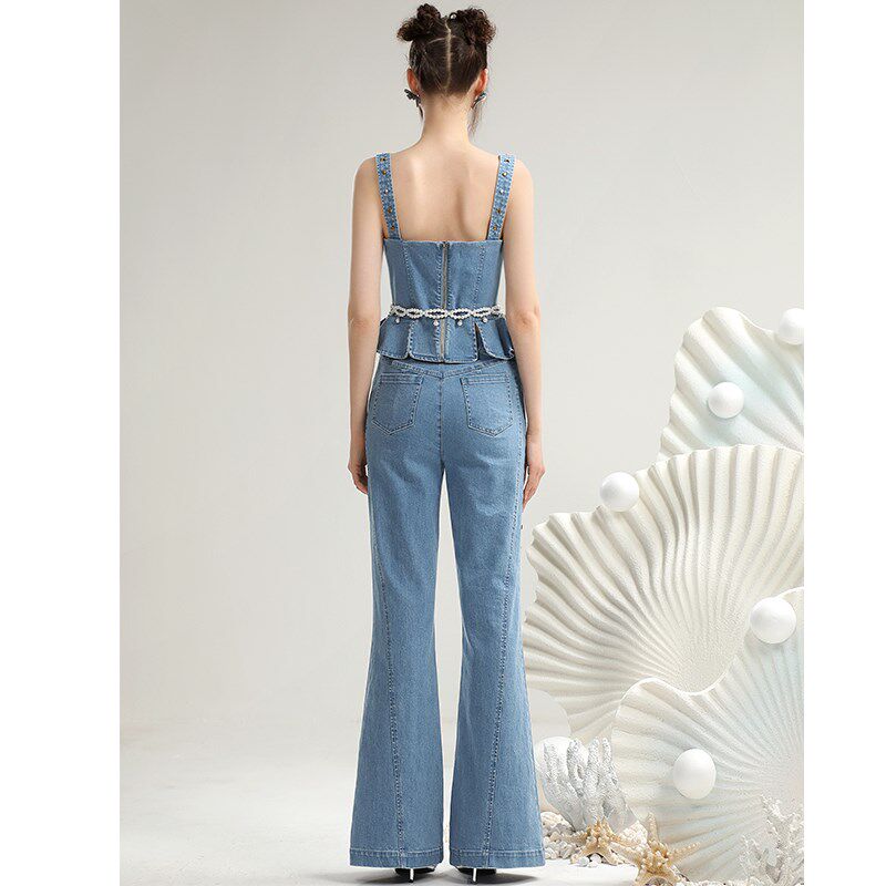 茬客复古撞钉牛仔套装2025年夏季新款收腰背心吊带微喇腰链长裤女,女装/女士精品,时尚套装,淘宝优惠券,粉丝福利购,淘宝优惠卷