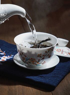 归景丨梅花丨骨瓷盖碗手绘梅花薄胎茶碗图案潮州茶具凤凰单从茶