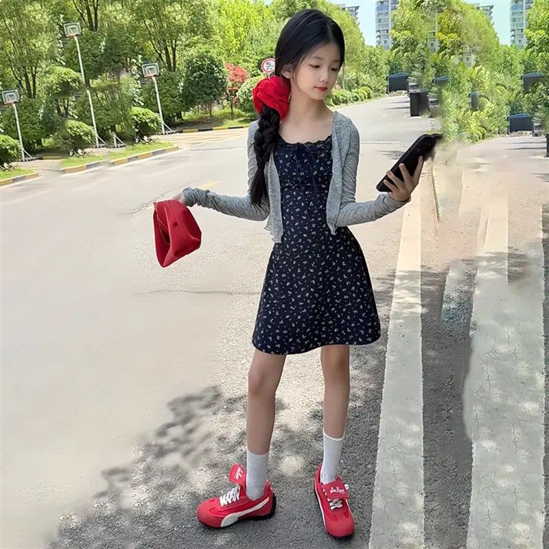 女童夏季时尚甜美法式修身碎花吊带连衣裙防晒针织开衫气质套装潮