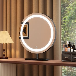 轻奢化妆镜圆形梳妆镜卧室衣帽间桌面台式大理石美妆镜梳妆台镜子