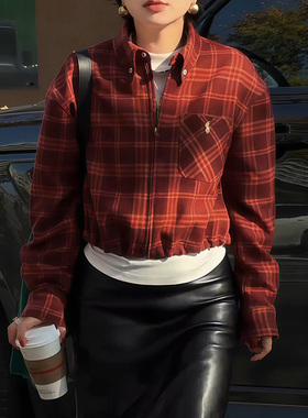 春秋季新款红色格子衬衫女款港味复古宽松设计感小众法式别致上衣