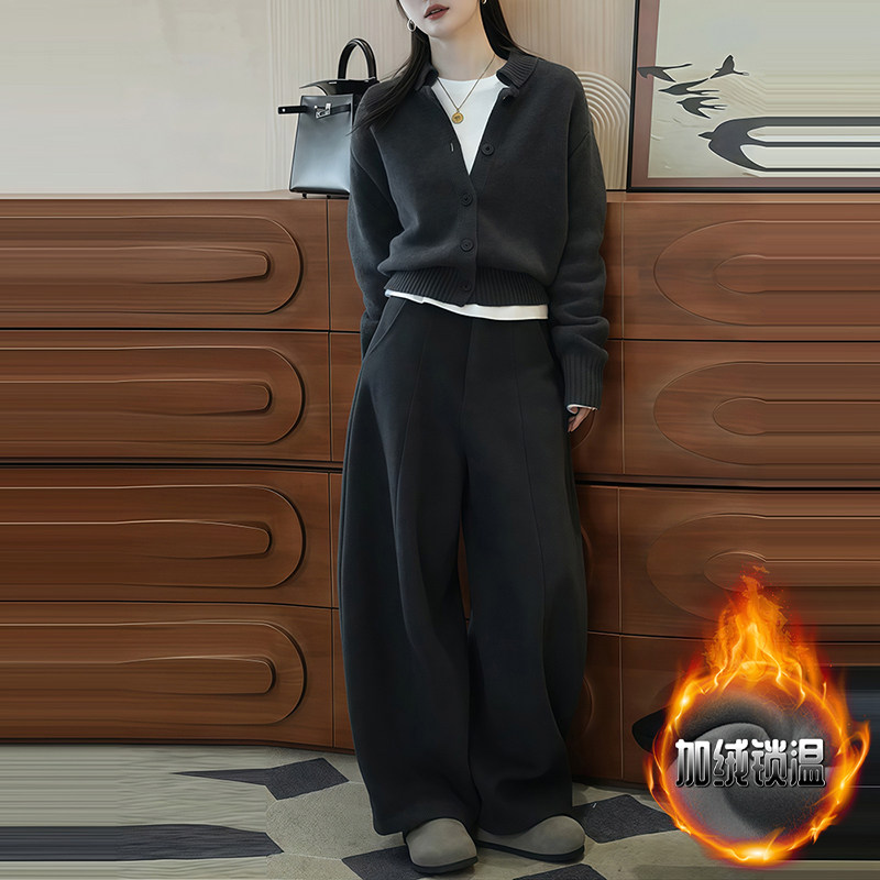 时髦休闲软糯长袖翻领针织开衫高腰加绒加厚阔腿裤减龄韩系套装女,女装/女士精品,时尚套装,淘宝优惠券,粉丝福利购,淘宝优惠卷