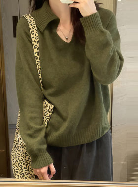 韩系极简风绿色大翻领套头毛衣女