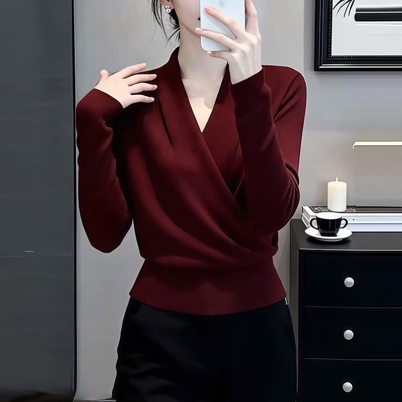 高级感可外穿交叉v领收腰打底针织衫上衣女春秋季内搭轻熟风毛衣,女装/女士精品,毛针织衫,淘宝优惠券,粉丝福利购,淘宝优惠卷