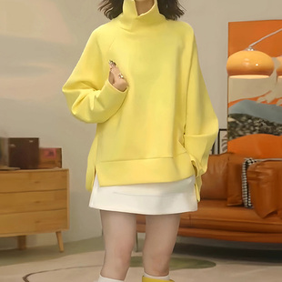 不规则设计前短后长开叉高领卫衣女秋季新品别致正肩长袖黄色上衣