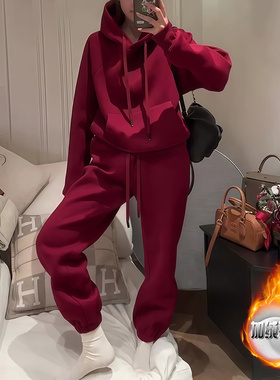 韩版休闲运动套装女士冬季加绒加厚红色连帽卫衣休闲直筒裤两件套