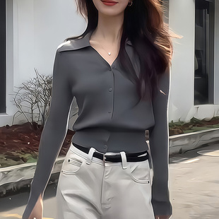 气质通勤翻领开衫修身显瘦针织衫早春爆款女款慵懒风打底衫上衣潮