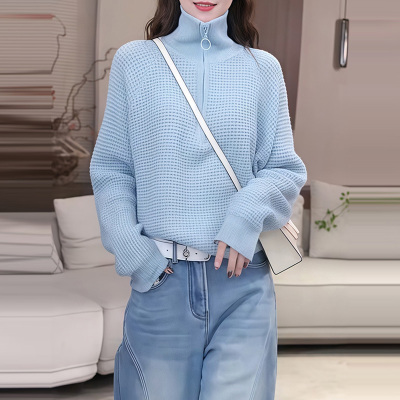 蓝色半拉链高领毛衣可外穿内搭女