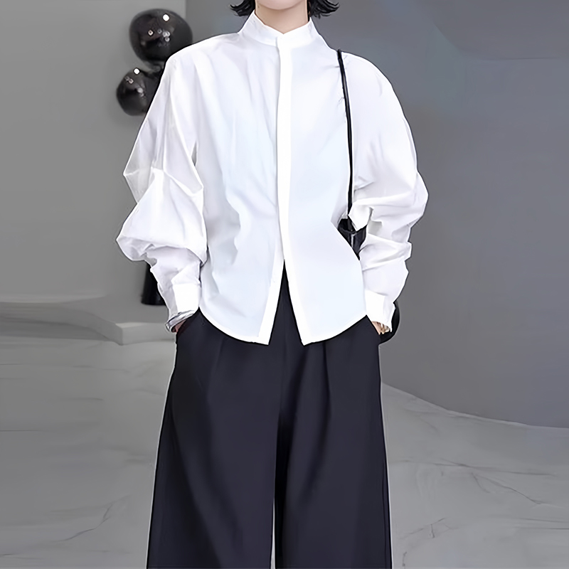 时尚宽松立领长袖纯色开衫衬衣女