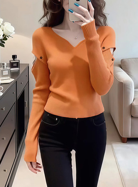 春季韩里韩气穿搭轻奢高级感上衣女洋气减龄小众不撞款橙色针织衫