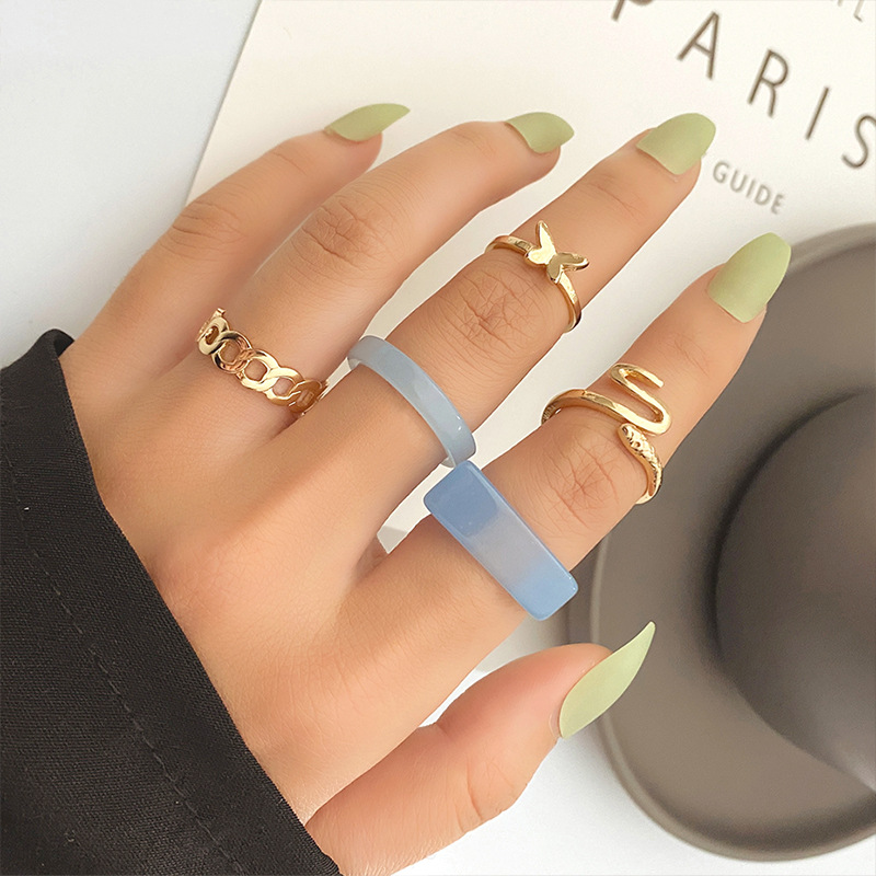 跨境热销金属树脂戒指套装女 小众时尚级感简约冷淡风指环饰品