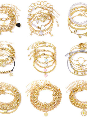 欧美跨境复古粗链条个性手链混搭开口手镯手饰叠戴风套装手链