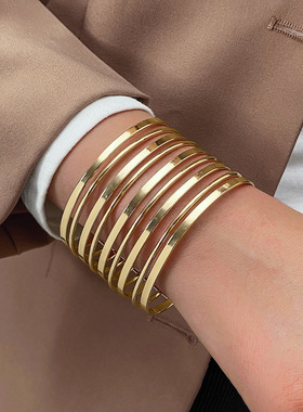 跨境爆款夸张多层磨砂金属开口手镯女个性百搭时尚潮款首饰