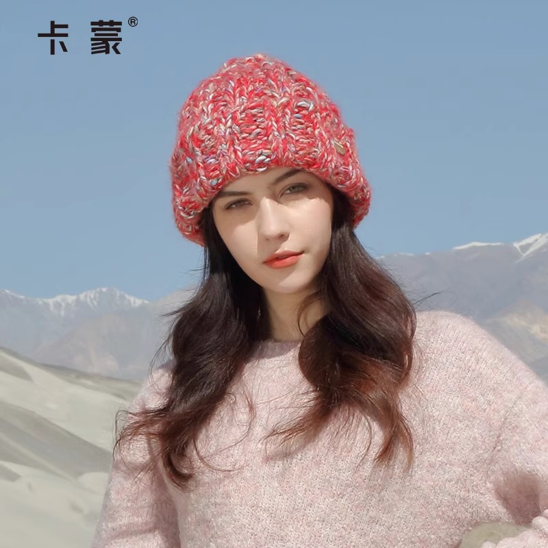 卡蒙秋冬绵羊毛尖头俏皮手工针织帽女百搭保暖护耳套头毛线帽可爱