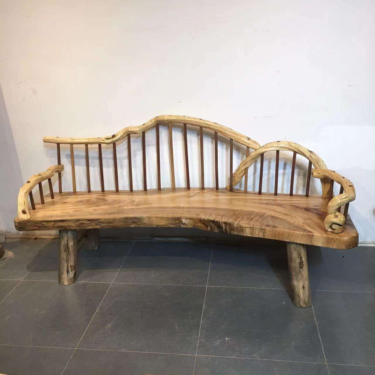 原生态实木三人沙发香樟木长椅藤条靠背独板异形客厅田园休闲躺椅