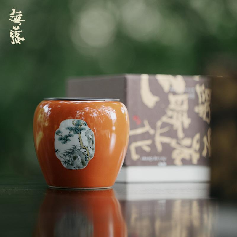 无落景德镇手工手绘矾红开窗松峰春归建水带盖茶道配件干泡水盂