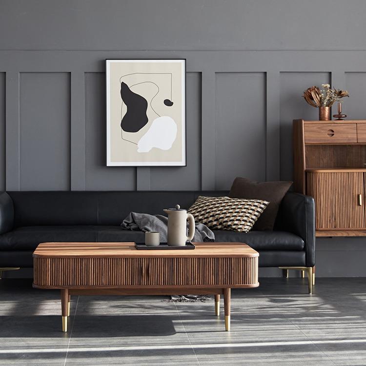 北欧轻奢实木茶几黑胡桃原木小户型客厅简约现代中古推拉门家具