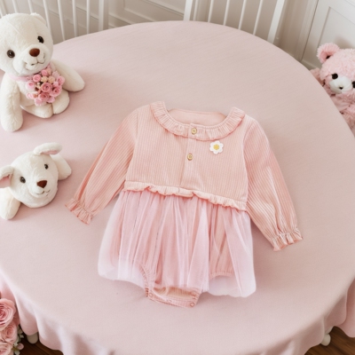 纯色哈衣童装新生儿爬服纱裙女宝宝衣服婴儿秋装纯棉小花包屁衣