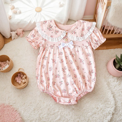 新生儿爬服哈衣夏婴儿连体衣韩版纯棉包屁蕾丝宝宝碎花衣服