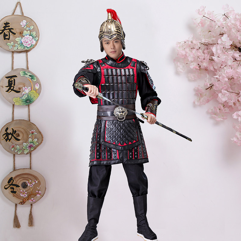 古装男款古代盔甲将军大帅大将戏服岳飞演出服装金色铠甲披风小兵