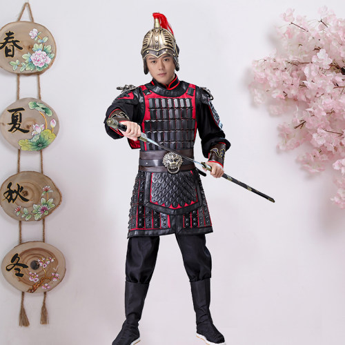 古装男款古代盔甲将军大帅大将戏服岳飞演出服装金色铠甲披风小兵