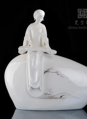 陶瓷人物古典美女仕女弹琴人物德化白瓷古琴丝竹婉曲办公家居摆件
