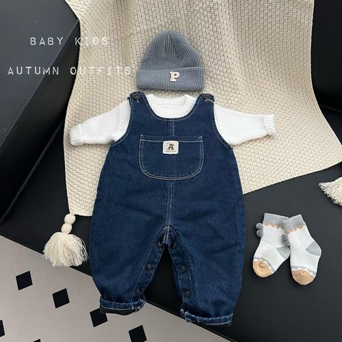 儿童冬季加绒连体衣男宝宝冬装外出裤子婴幼儿加厚保暖牛仔背带裤