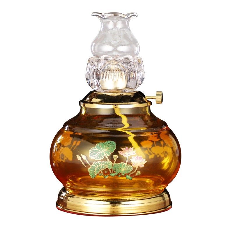 灯具玻璃合金莲花油灯老式佛字酥油灯盏送灯芯家用佛前供灯长明灯