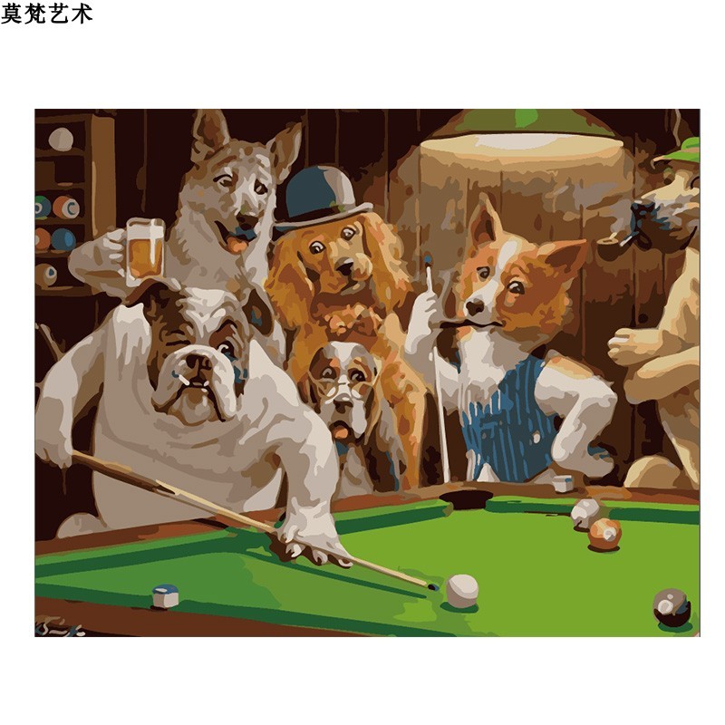 数字油画diy手工填充世界名画手绘涂色狗狗打桌球填色画油彩画画