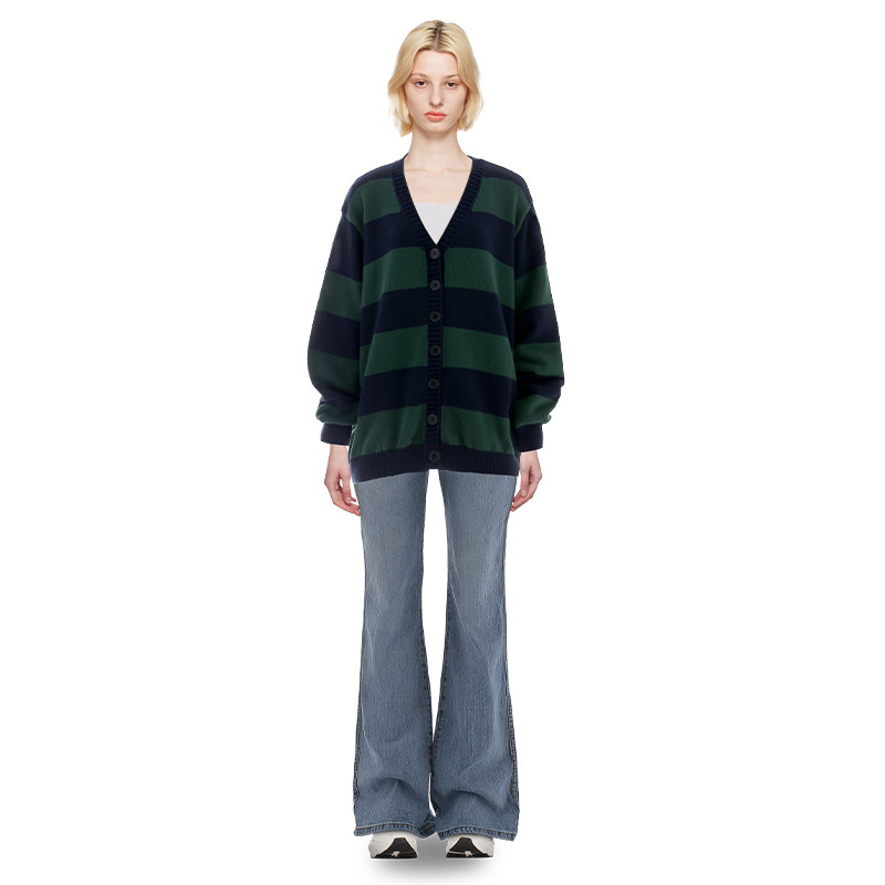 BM开衫毛衣外套女宽松针织新款2023外搭绿色条纹高级感开衫外套