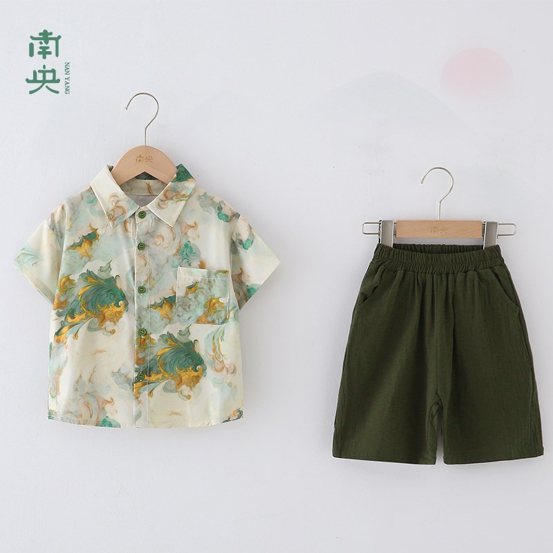 新中式男童夏装套装薄款2024新款儿童汉服短袖衬衫宝宝中小童夏季
