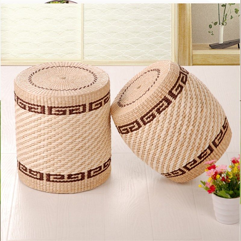 包邮手工小凳子简约时尚创意圆凳换鞋凳实木草编坐墩客厅茶几矮凳