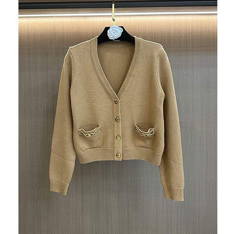 2024早秋新款金属链条饰针织开衫女V领短款毛衣外套外搭长袖上衣