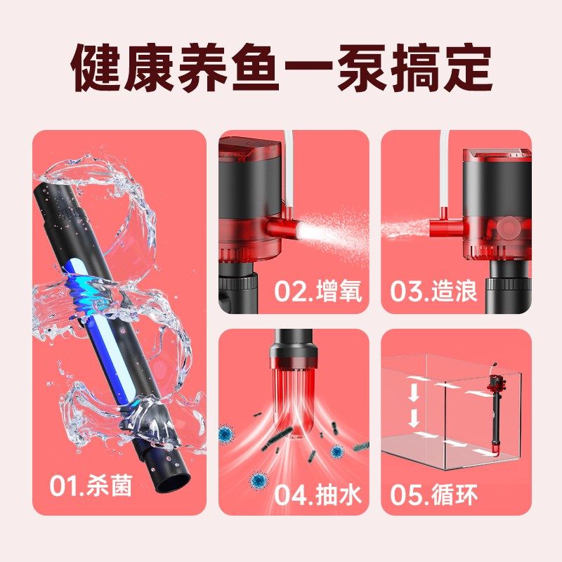 老渔匠鱼缸过滤器四合一增氧造浪抽水泵水族箱循环杀菌灯水泵静音