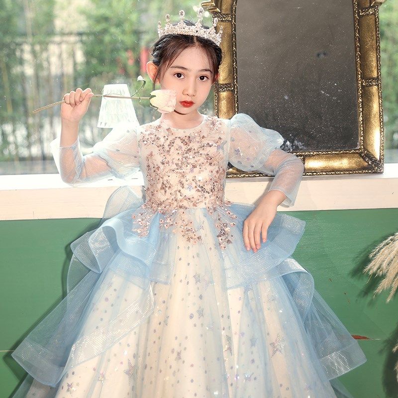 女童高端礼服公主裙生日蓝色花童婚纱主持人儿童钢琴演奏长袖秋冬