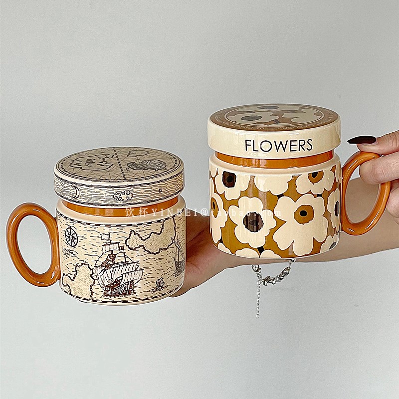 高端复古带盖马克杯2023新款创意花朵马克杯高颜值大容量陶瓷杯